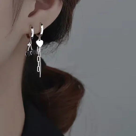 925 Silver Black Cherry & Heart Chain Hoop Earrings - Picture 3 of 9